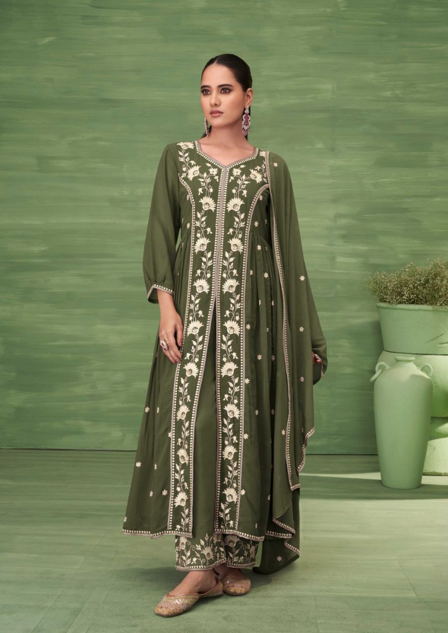 Dark Green Kurtie with Pant & Dupatta in Blooming Jorjat With Work .