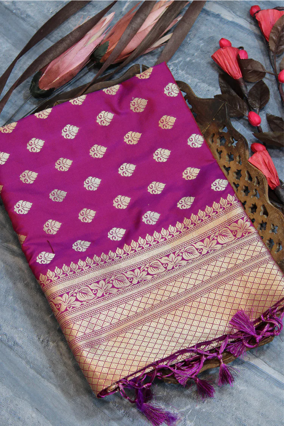 Rani Pink Soft Banarasi Katan Silk  Saree With Fancy Tassels