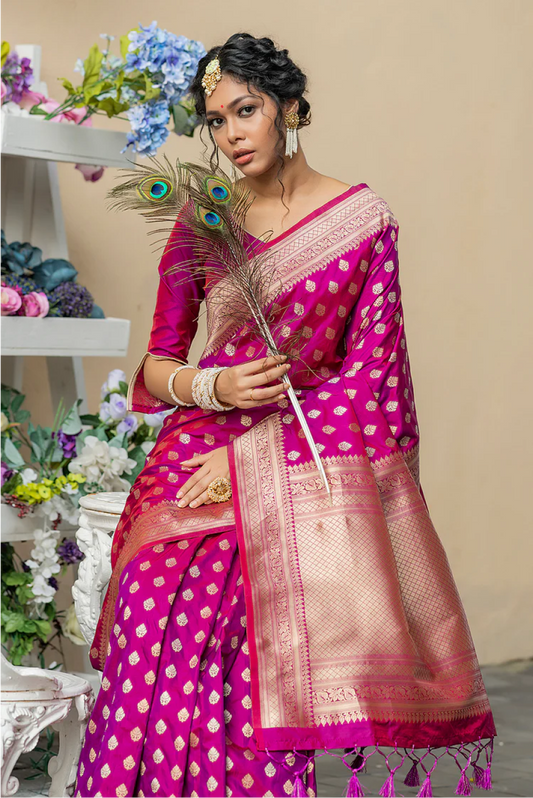 Rani Pink Soft Banarasi Katan Silk  Saree With Fancy Tassels