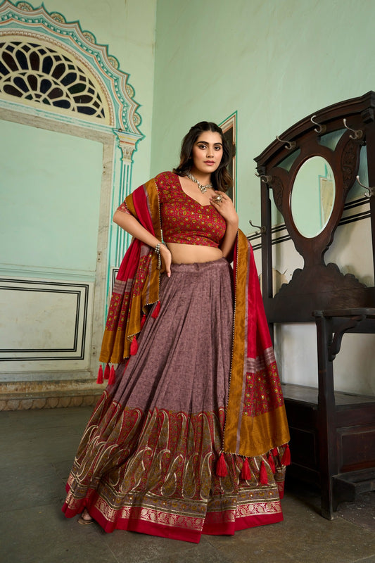 Beautiful Kashmiri Print With Foil Print tussar silk lehenga choli FV1000