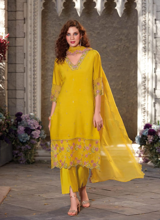 Beautiful v neck yellow color embroidery n handwork kurti with pants and dupatta. FV105