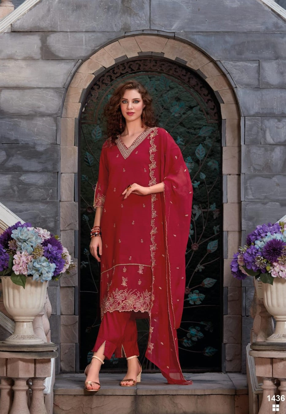 Beautiful v neck  red color embroidery n handwork kurti with pants and dupatta. FV106