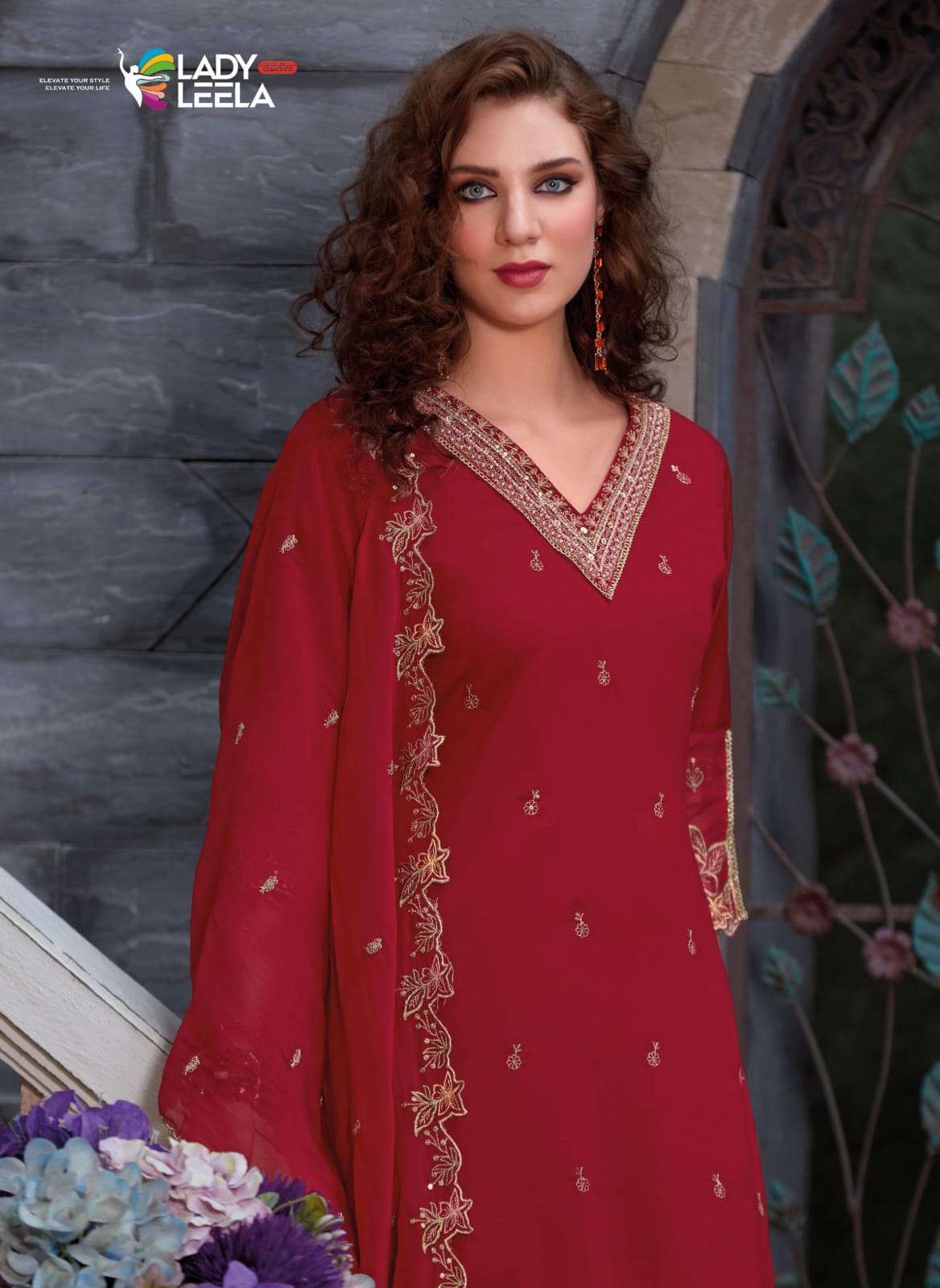 Beautiful v neck  red color embroidery n handwork kurti with pants and dupatta. FV106