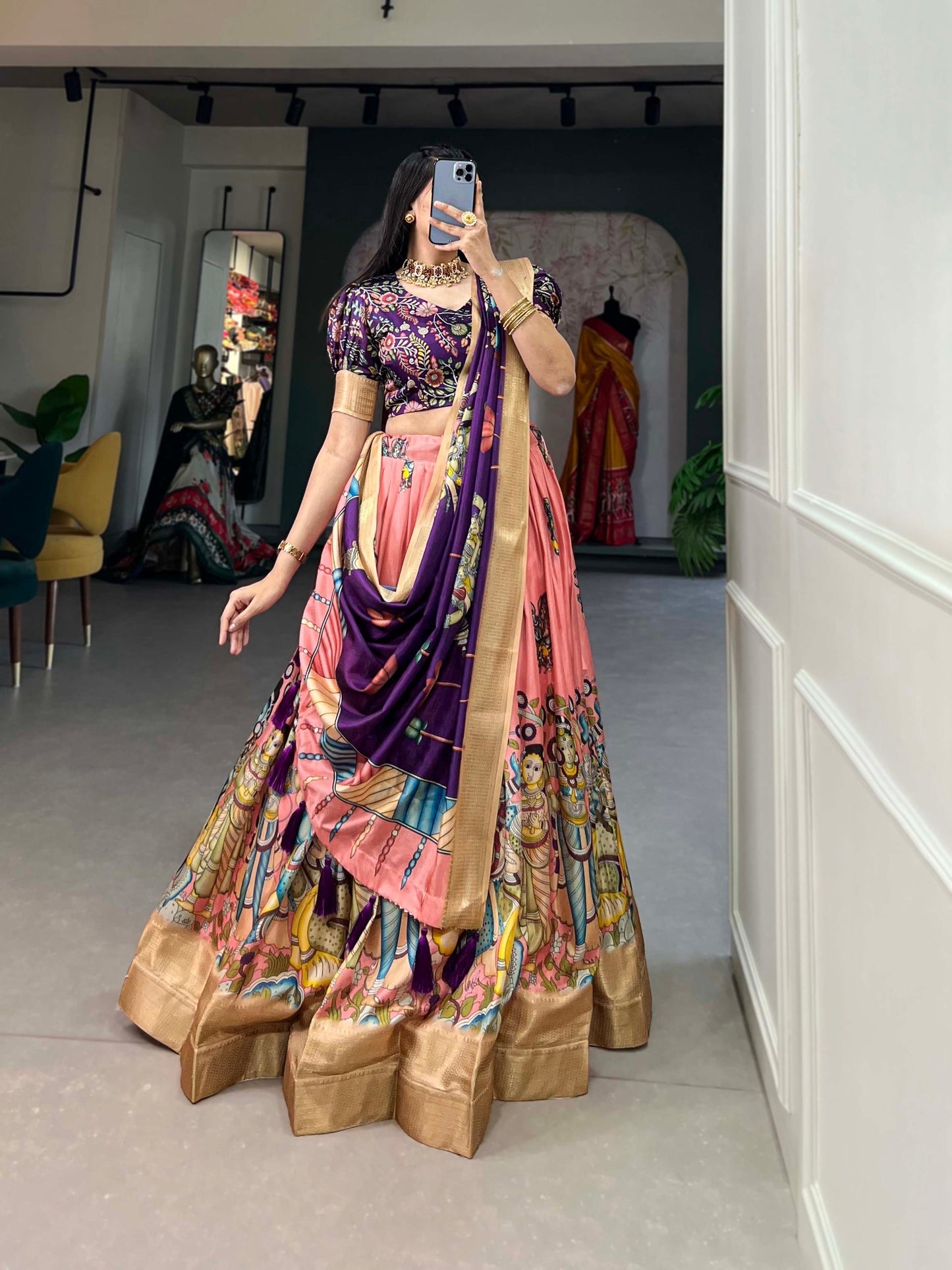 Peach And Wine Color Dola Silk Lehenga Choli With Dupatta