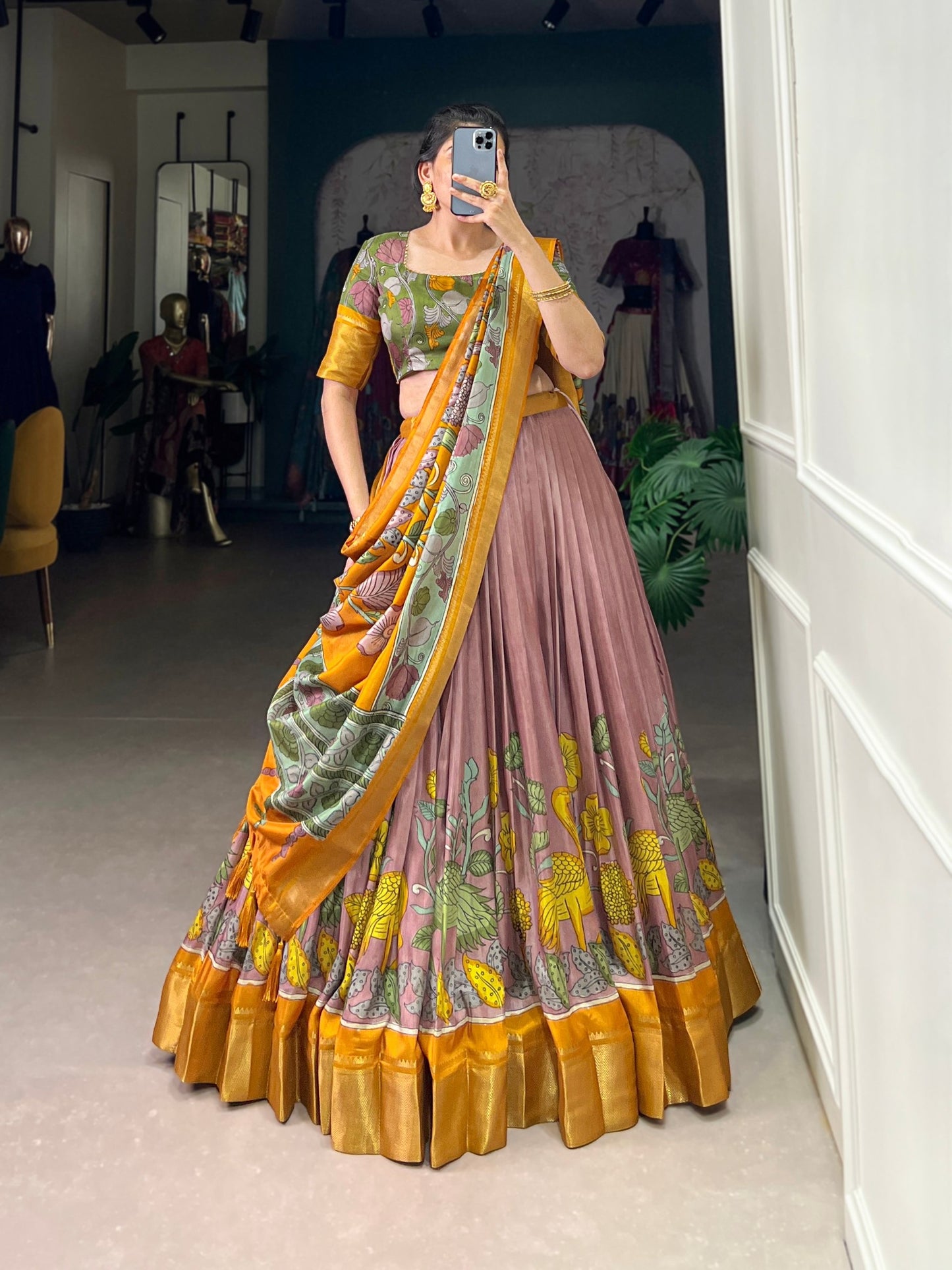 Mustered And Pink Color Dola Silk Lehenga Choli With Dupatta