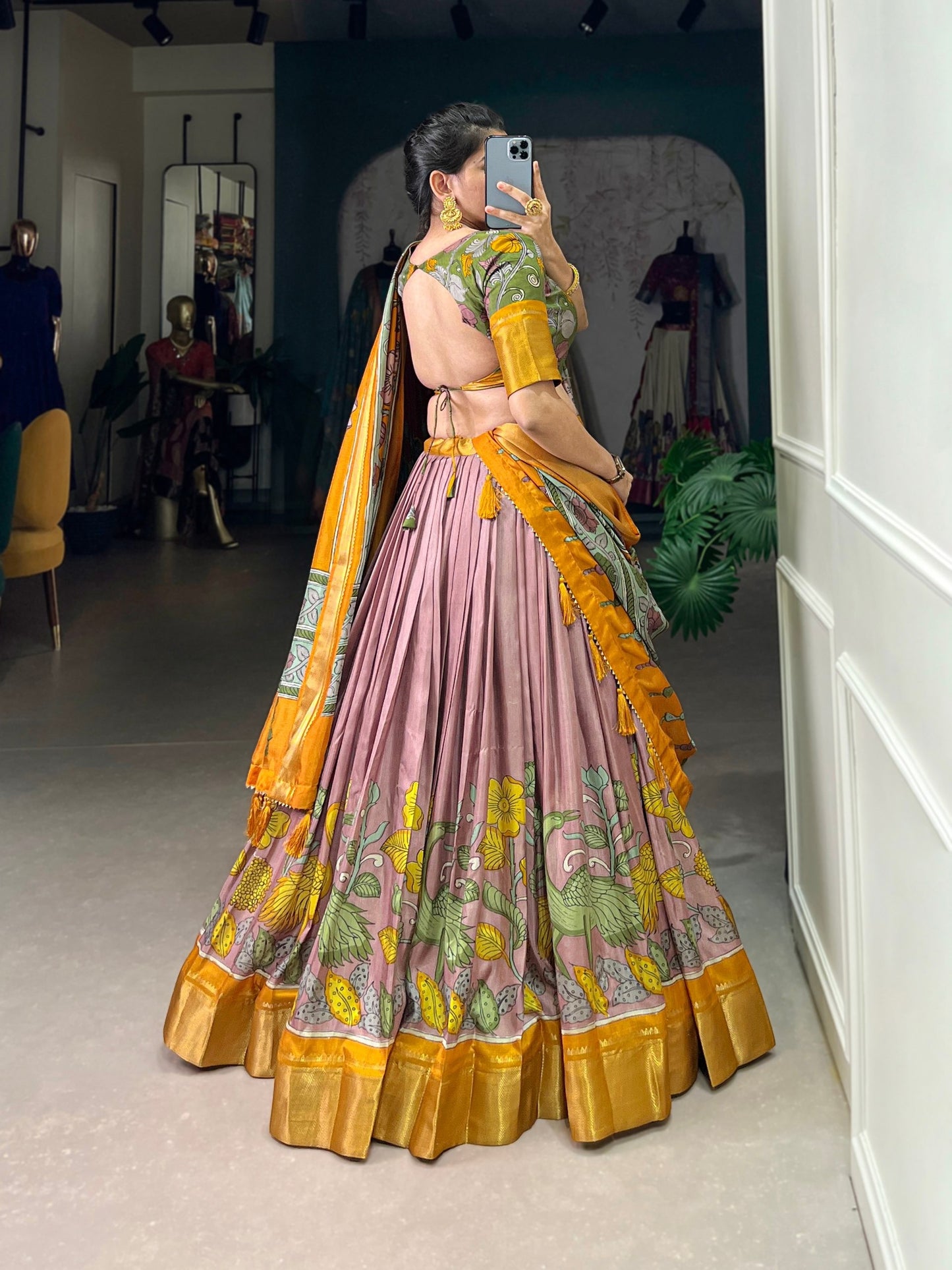 Mustered And Pink Color Dola Silk Lehenga Choli With Dupatta