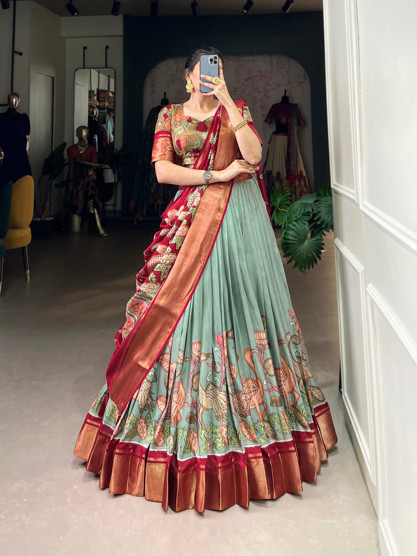 Green And Red Color Dola Silk Lehenga Choli With Dupatta