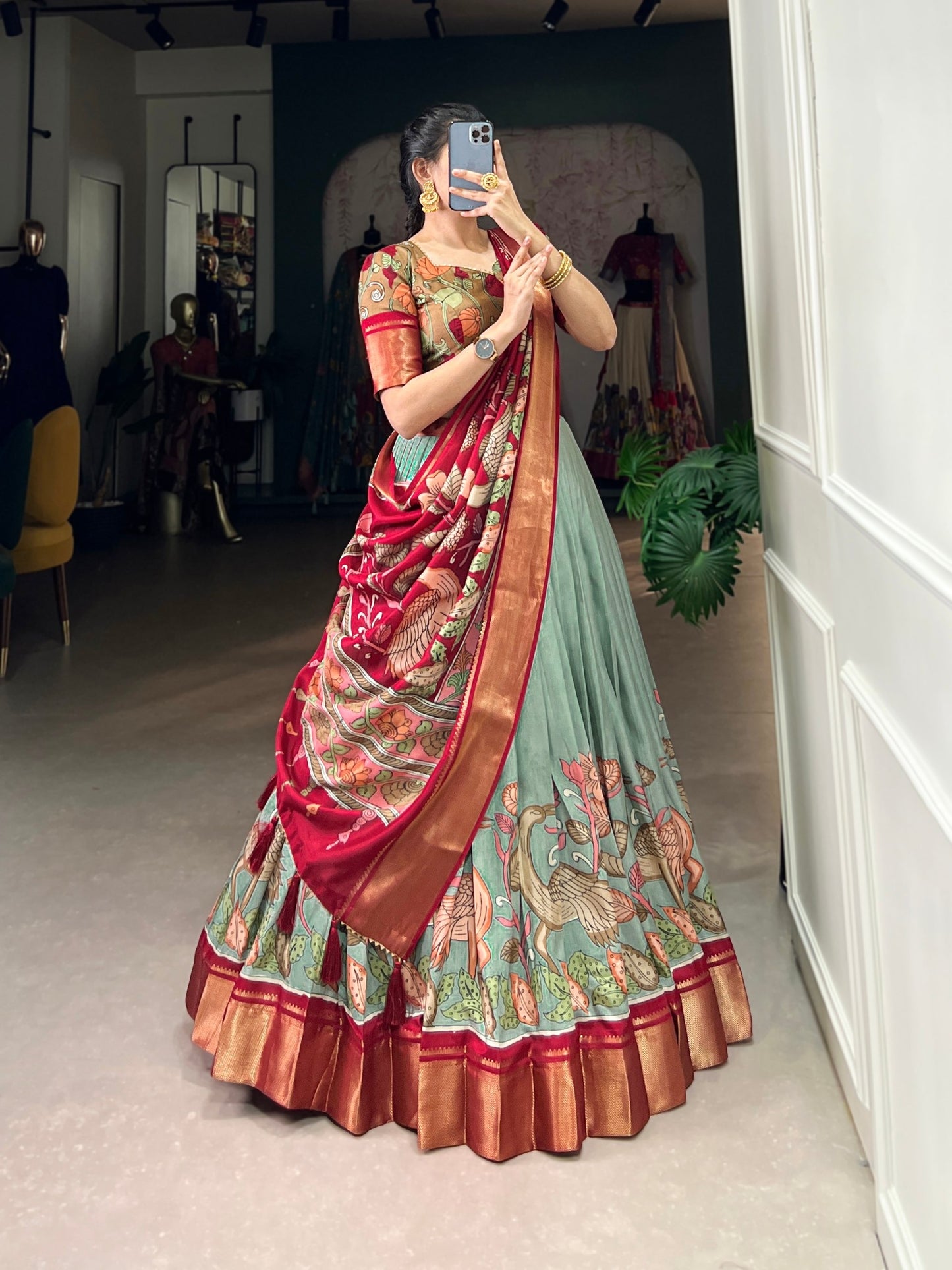 Green And Red Color Dola Silk Lehenga Choli With Dupatta