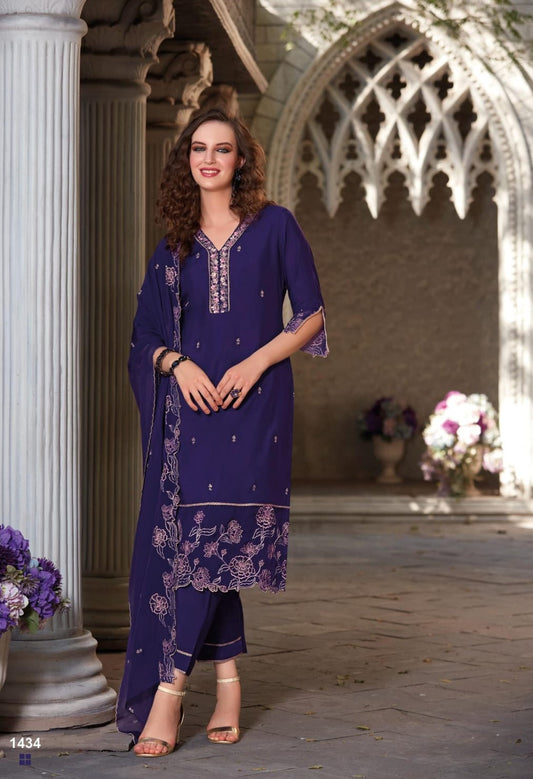 Beautiful purple color embroidery n handwork kurti with pants and dupatta. FV102