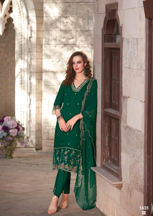 Beautiful v neck grenn color embroidery n handwork kurti with pants and dupatta. FV104