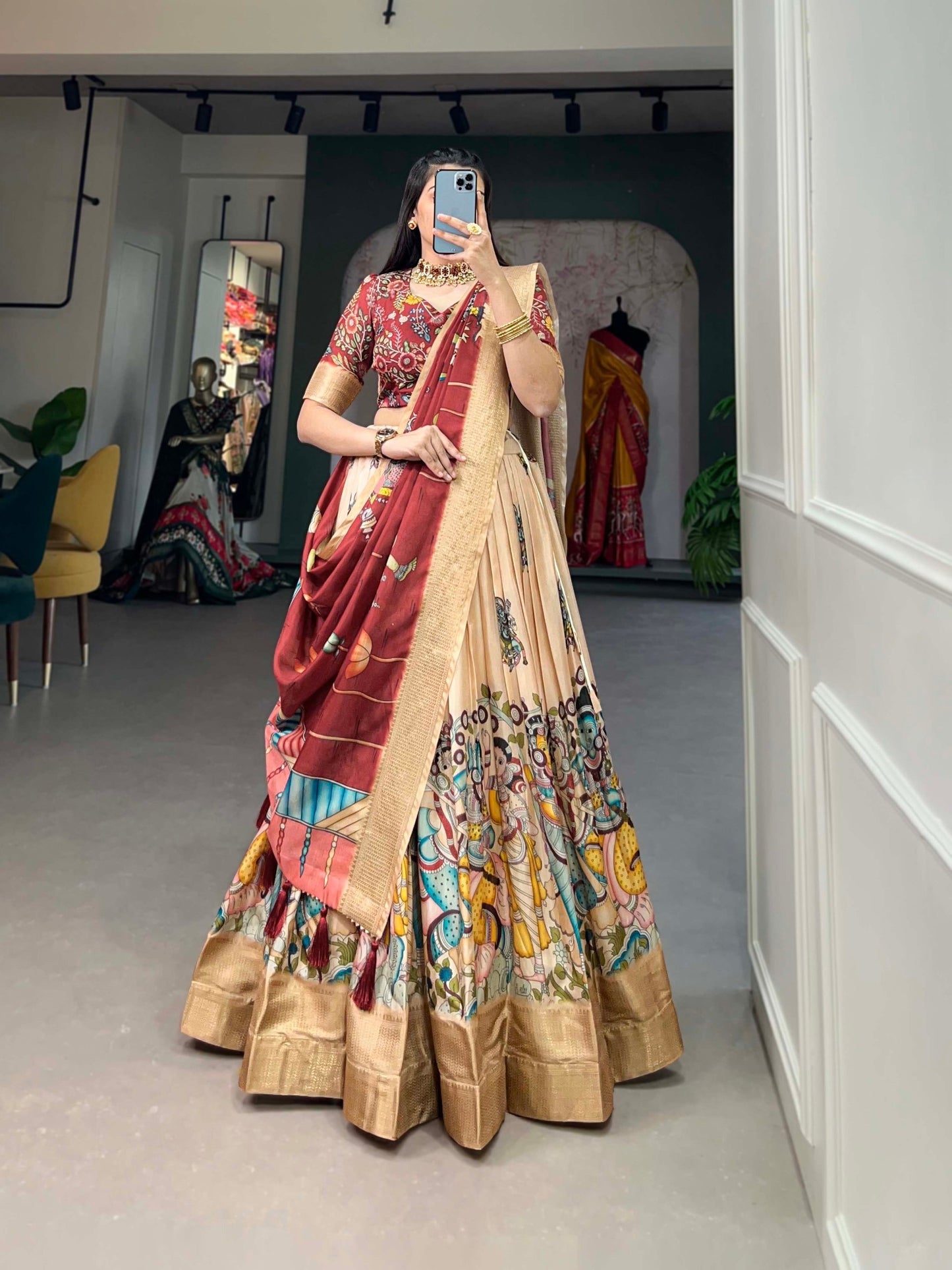 Cream And Maroon Color Dola Silk Lehenga Choli With Dupatta