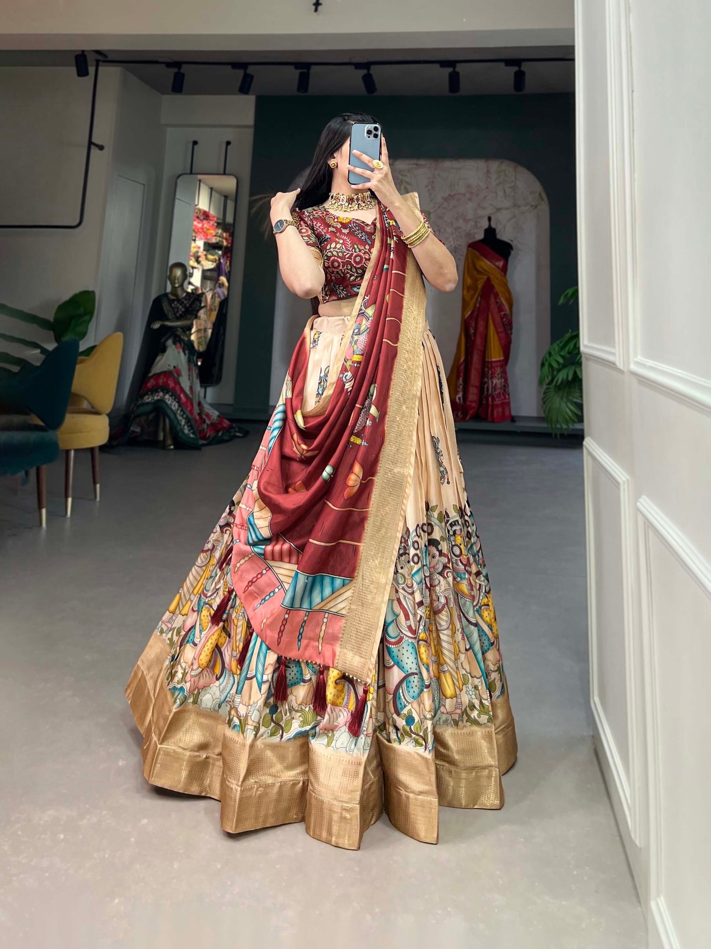 Cream And Maroon Color Dola Silk Lehenga Choli With Dupatta