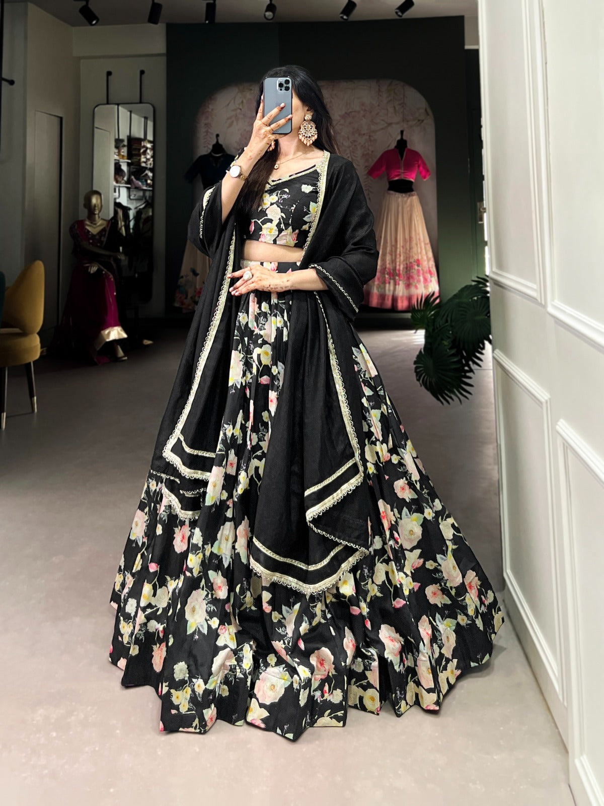 Black Color Tussar Silk Lehenga Choli With Dupatta